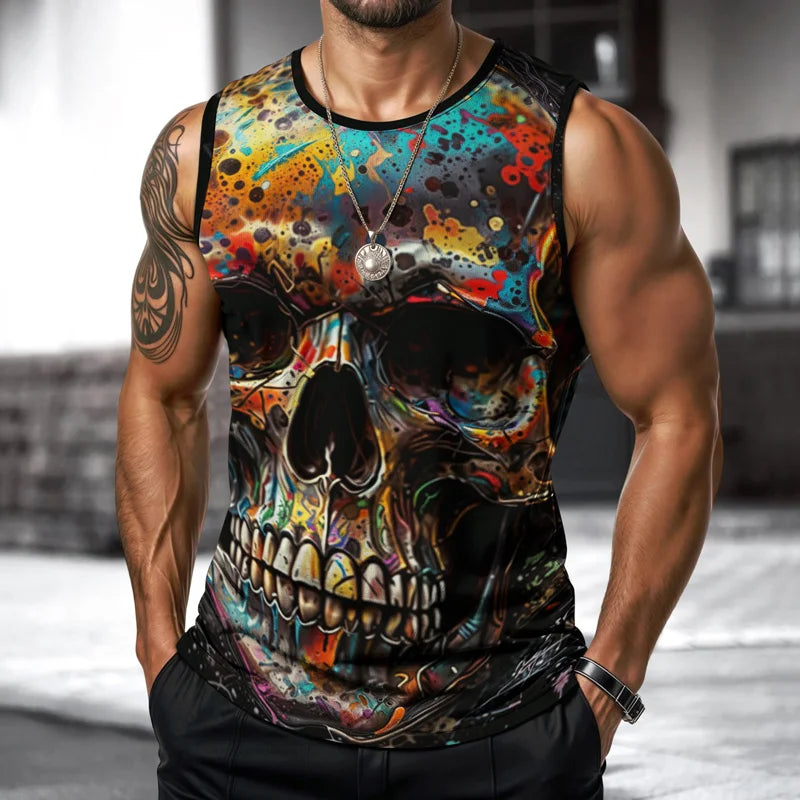 Mens Skull Vest Street Fashion Round Neck Sleeveless Printed T Shirt Daily Outdoor Sports Fitness Running Top Fear 2025 New