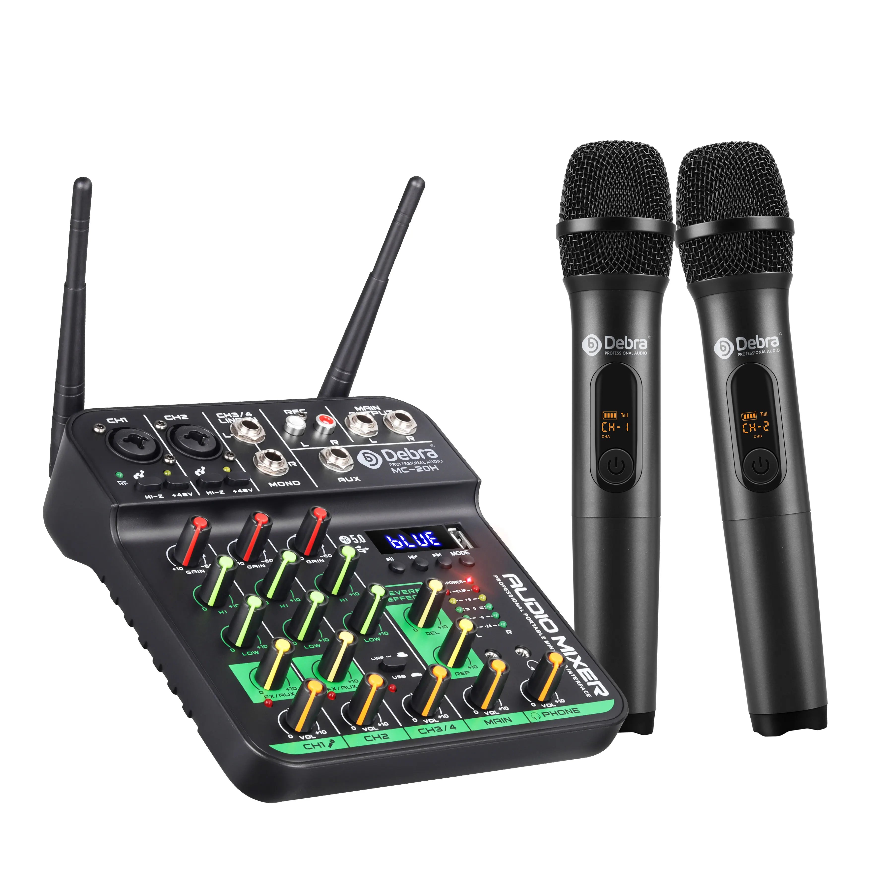 Debra DJ Console UHF Audio Mixer with SoundCard Wireless Mic 5V Bluetooth 5.0 for Karaoke, Live Performance