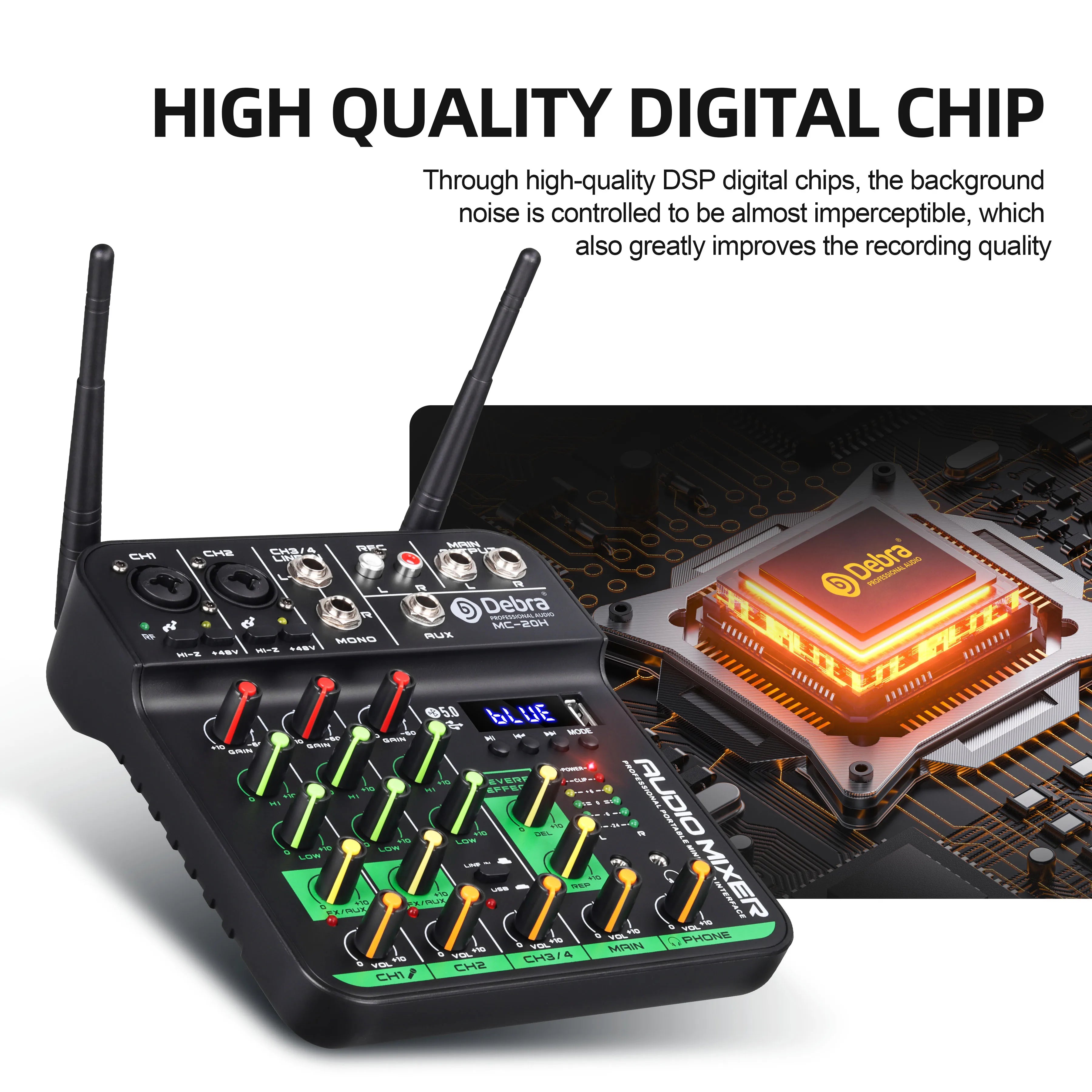 Debra DJ Console UHF Audio Mixer with SoundCard Wireless Mic 5V Bluetooth 5.0 for Karaoke, Live Performance