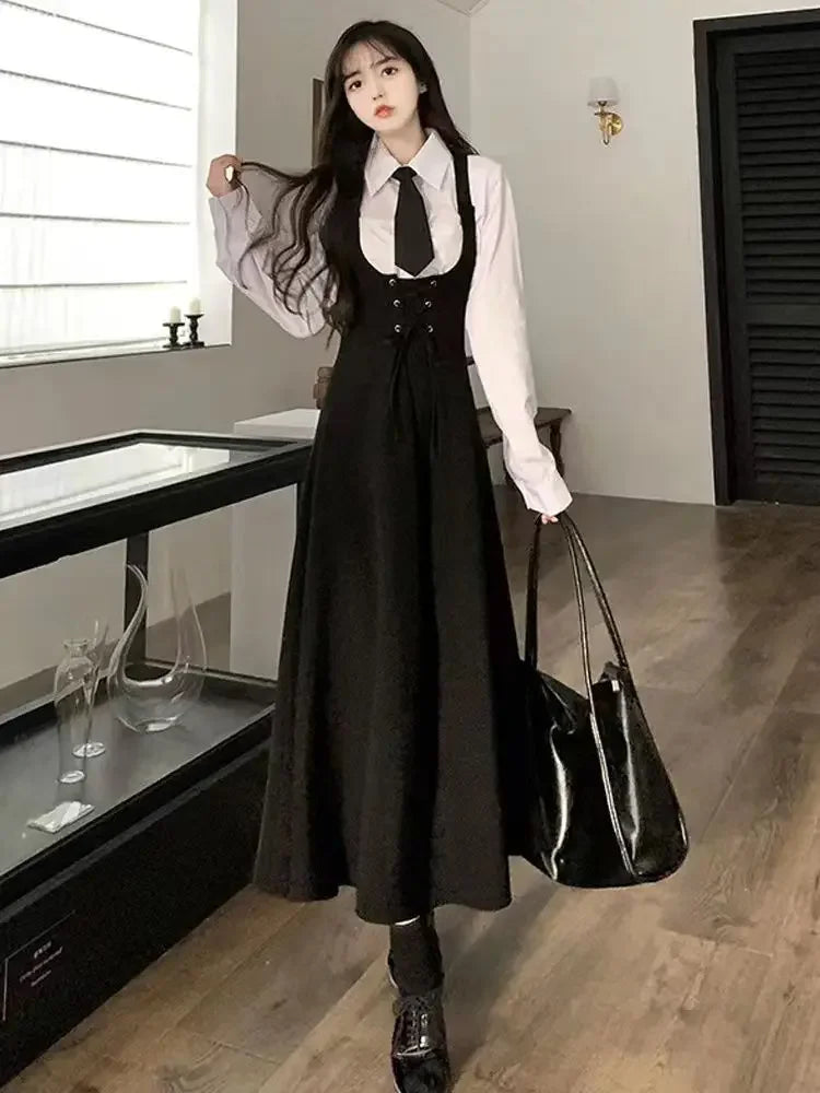 Chic Elegant Dress Sets Women Fashion All-match Solid Slim Bow Basic Shirts Ladies Sweet Waisted Sleeveless Low Cut Sundress New