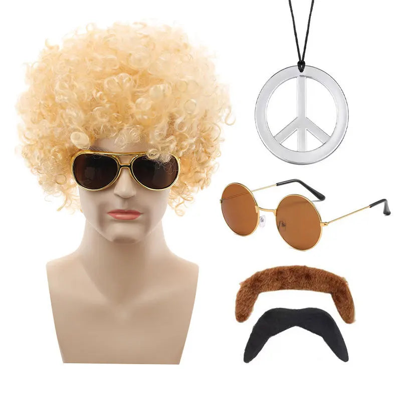 Hot Hippie Wig Halloween Cos Punk Wig Fans Afro Rock Sunglasses Set
