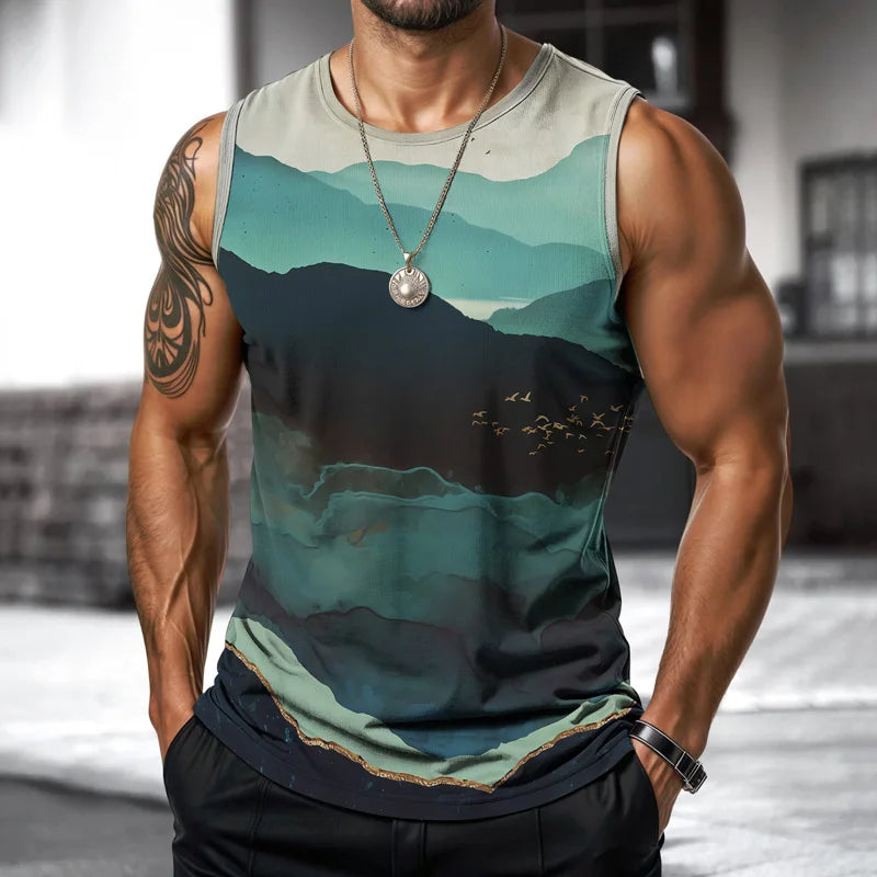 Summer 2025 Hawaii Men Vest Street Fashion Round Neck Sleeveless Printed T Shirt Coconut Tree Design Outdoor Sports Fitness