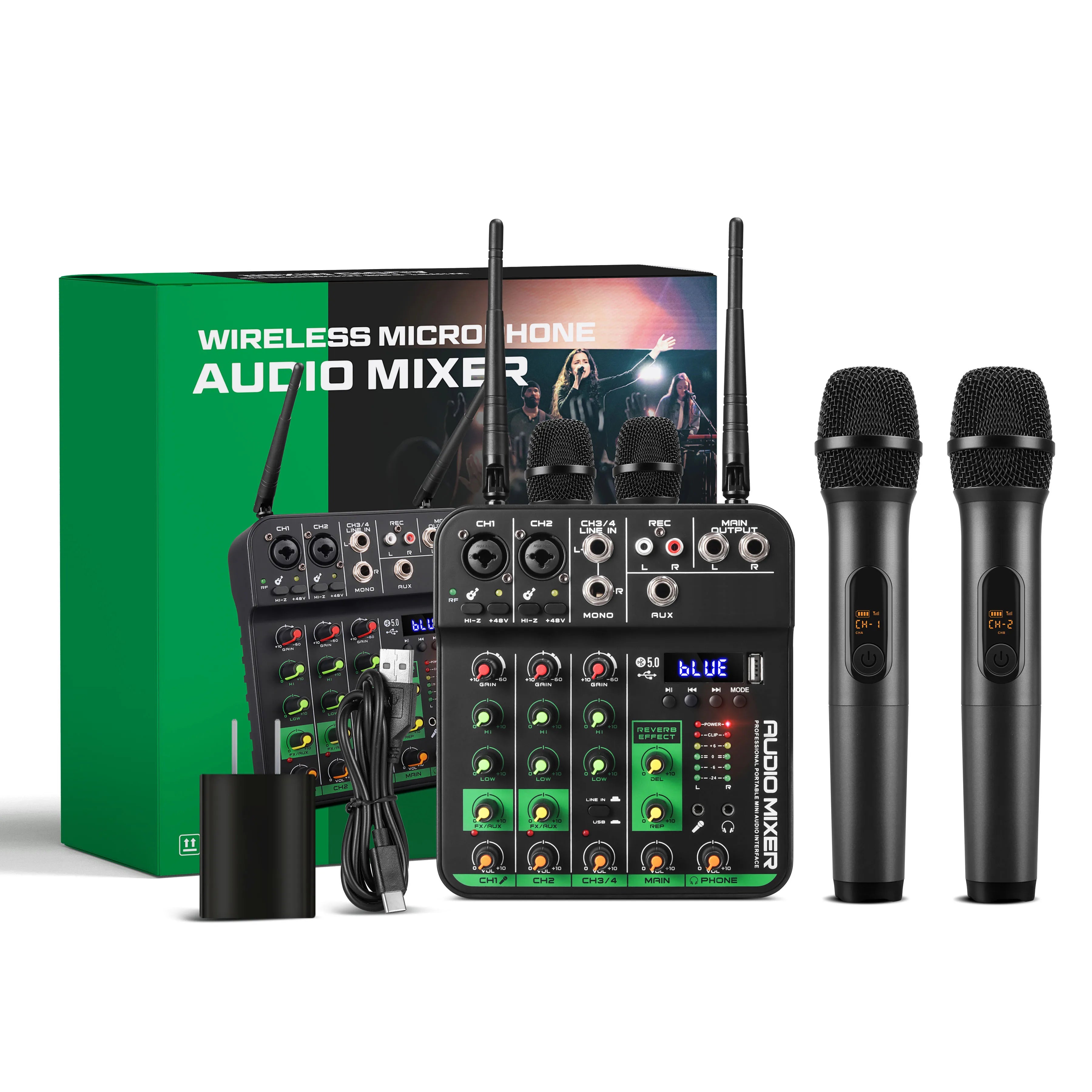 New Product Professional Portable Mini 4 Channel Karaoke Audio Mixer MC-20H with 2 UHF Wireless Microphone DJ Audio Console