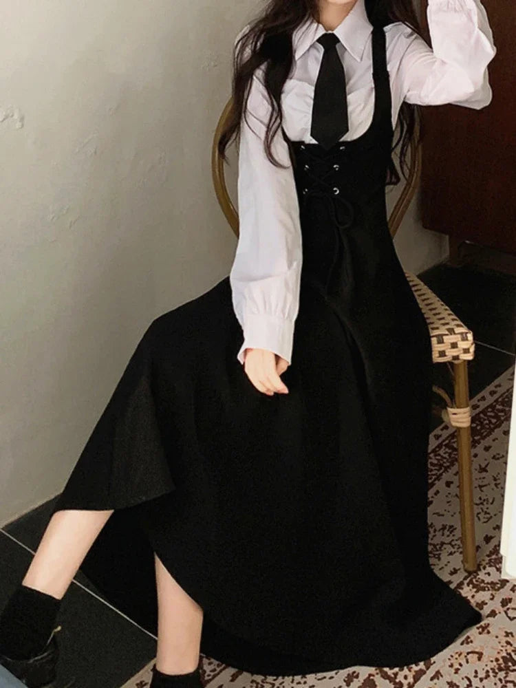 Chic Elegant Dress Sets Women Fashion All-match Solid Slim Bow Basic Shirts Ladies Sweet Waisted Sleeveless Low Cut Sundress New