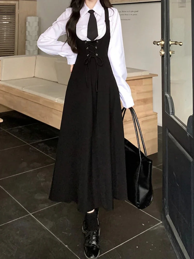 Chic Elegant Dress Sets Women Fashion All-match Solid Slim Bow Basic Shirts Ladies Sweet Waisted Sleeveless Low Cut Sundress New