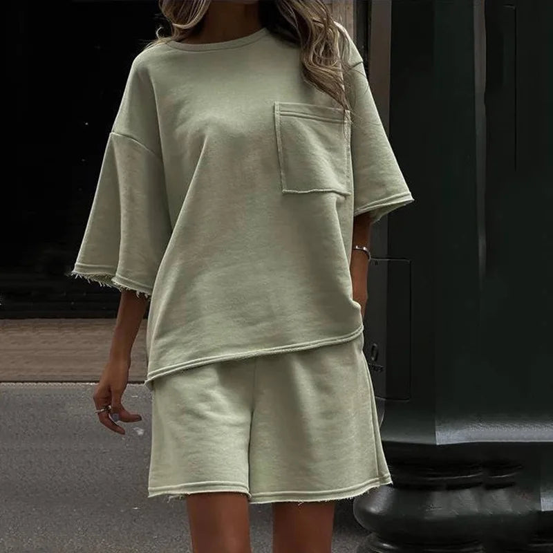 Prowow Fashion Loose Style Women Workout Sweat Suits Short-sleeved O-neck Shirts Shorts Two Piece Summer Sporty Clothing Set