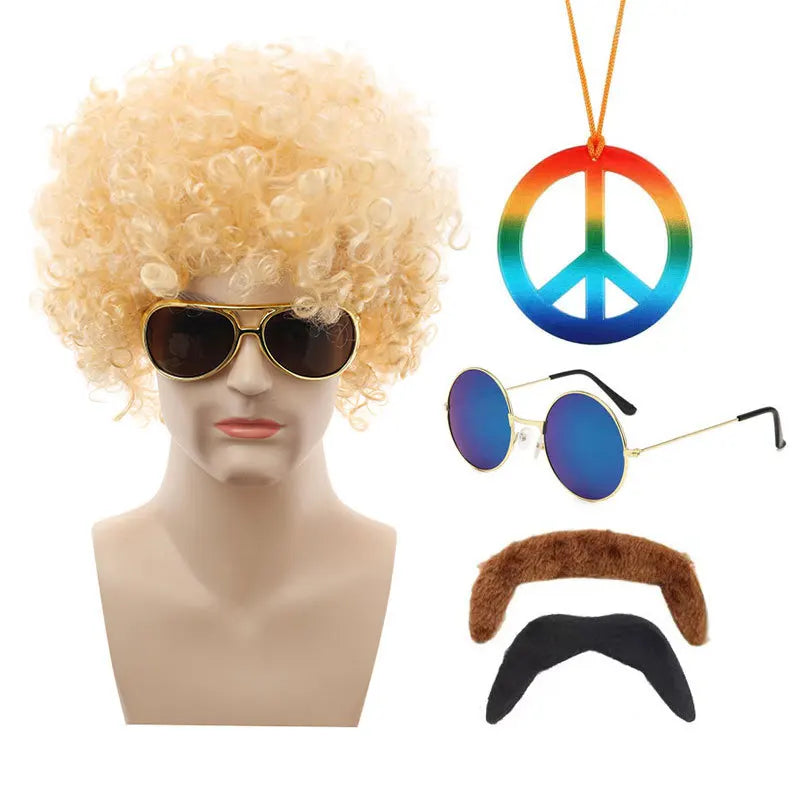 Hot Hippie Wig Halloween Cos Punk Wig Fans Afro Rock Sunglasses Set