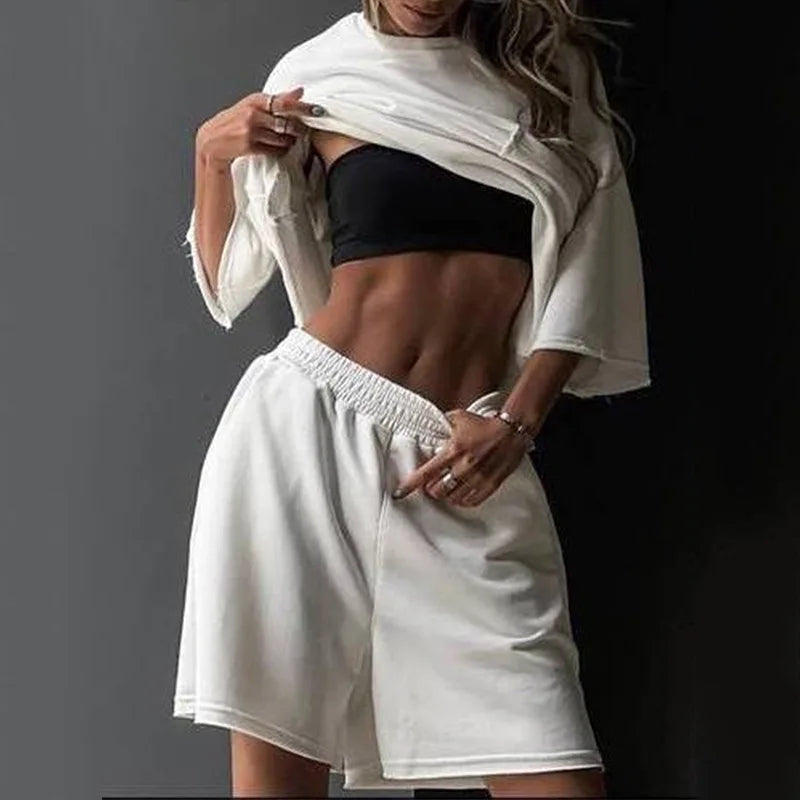 Prowow Fashion Loose Style Women Workout Sweat Suits Short-sleeved O-neck Shirts Shorts Two Piece Summer Sporty Clothing Set
