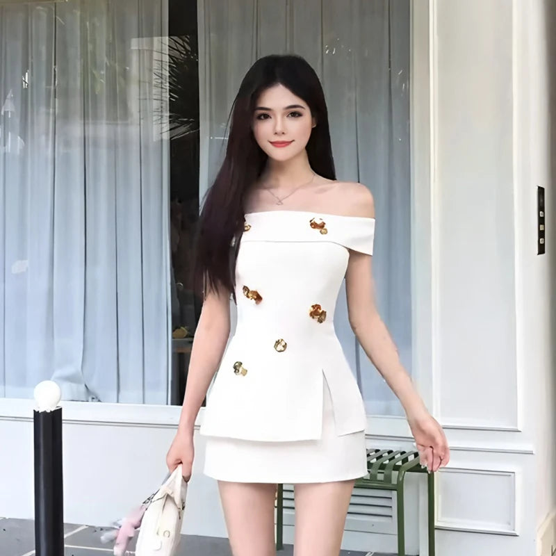 High Street French Small Fragrant Two Piece Set For Women Elegant Fashion OL Shirt Top + Skirt Suit Korean Sweet 2 Piece Sets