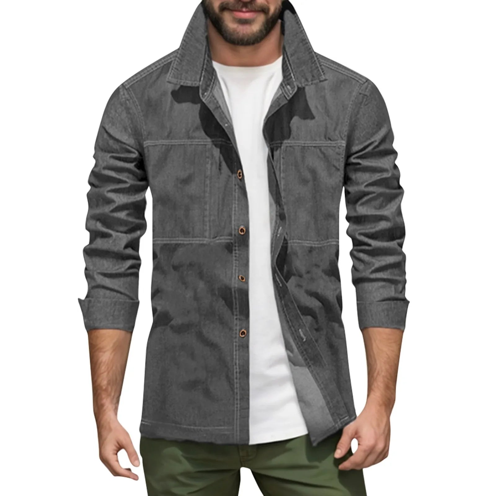 Slim Fit Denim Collared Shirt Casual Long Sleeve Pure Color Outerwear Men's Spring Autumn New Style Trendy Male Fashion Shirt