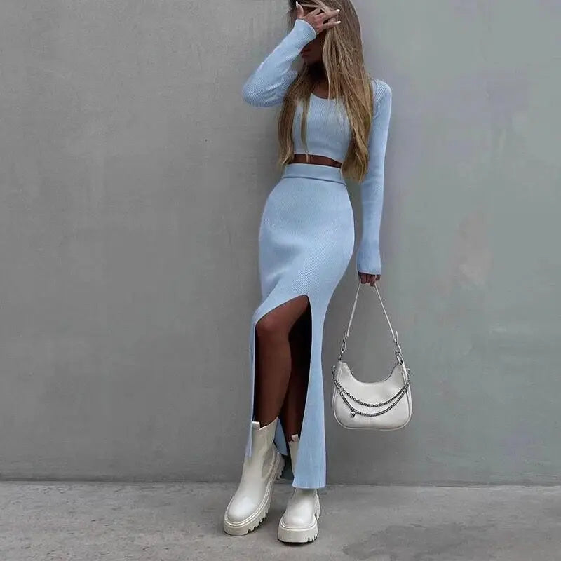 2025 Women's Solid Color Knit Long Sleeve T-Shirt Suit Autumn Half Body Side Slit Bodycon Skirt 2-Piece Fashionable Casual Wear