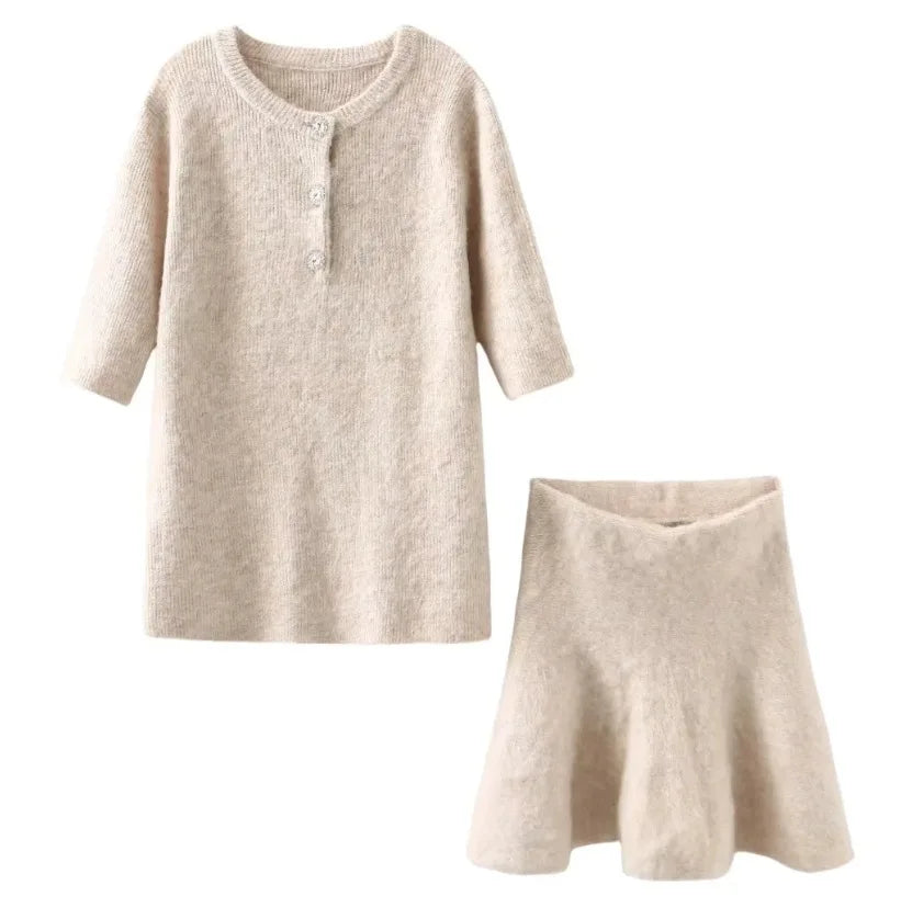 Women Wool Half Sleeve Slim Skirts Suits Fashion Button Knit Top Short Shirt Set Female Commute Casual Lady Knitted Outfits