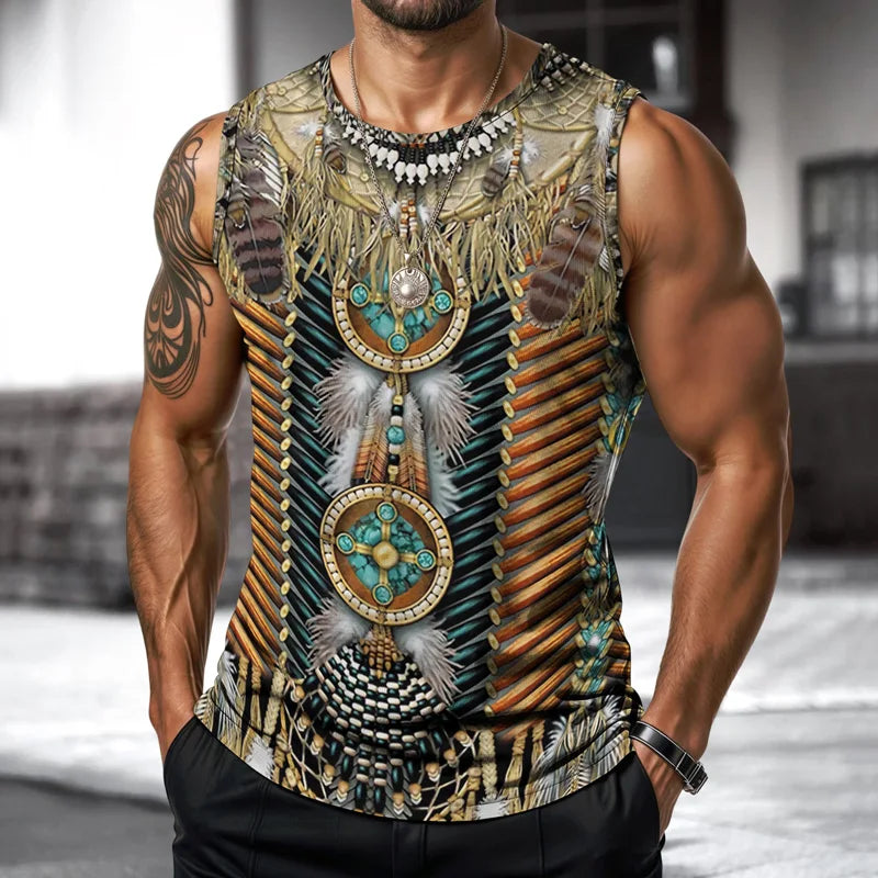 Street Fashion Indian Nationality Mens Vest Round Neck Sleeveless Printed T Shirt Daily Outdoor Sports Fitness Running Top