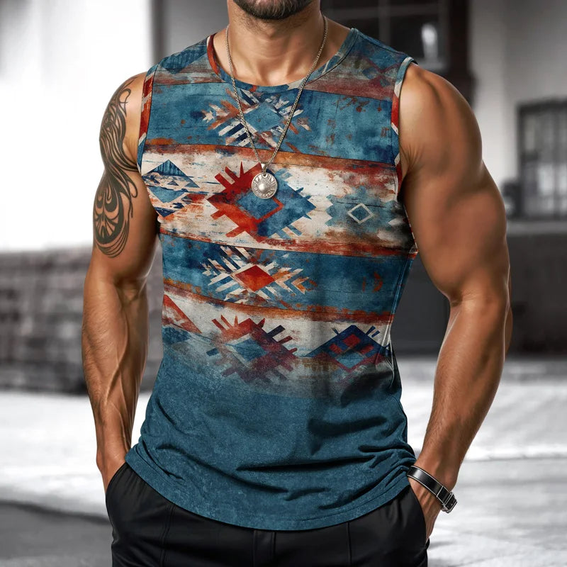 Street Fashion Indian Nationality Mens Vest Round Neck Sleeveless Printed T Shirt Daily Outdoor Sports Fitness Running Top