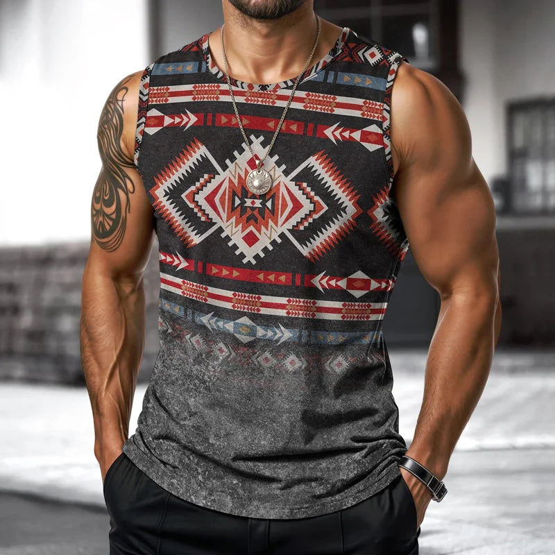 Street Fashion Indian Nationality Mens Vest Round Neck Sleeveless Printed T Shirt Daily Outdoor Sports Fitness Running Top