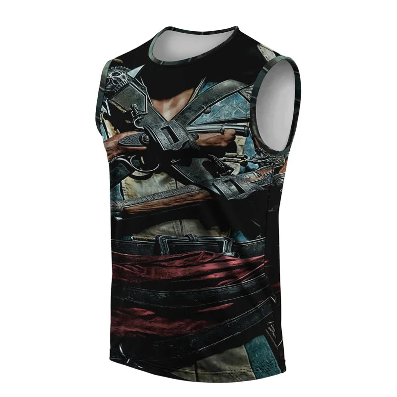 Mens Skull Vest Street Fashion Round Neck Sleeveless Printed T Shirt Daily Outdoor Sports Fitness Running Top Fear 2025 New