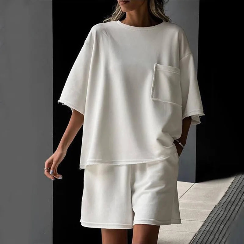Prowow Fashion Loose Style Women Workout Sweat Suits Short-sleeved O-neck Shirts Shorts Two Piece Summer Sporty Clothing Set