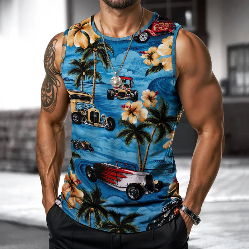 Summer 2025 Hawaii Men Vest Street Fashion Round Neck Sleeveless Printed T Shirt Coconut Tree Design Outdoor Sports Fitness
