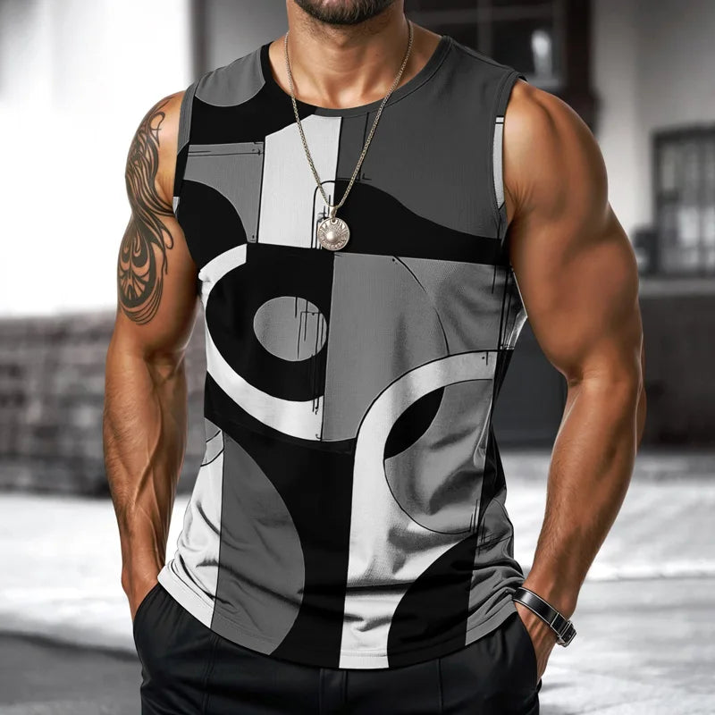 Retro Fitness Men Vest Street Fashion Round Neck Sleeveless T Shirt Printed Daily Outdoor Sports Running Top Animal Plaid