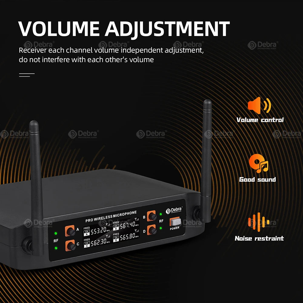 Debra KV04 4 Channel UHF Wireless Microphone System with 4 Mics, Long Range 260ft for Karaoke Party, Church, Stage Performance,