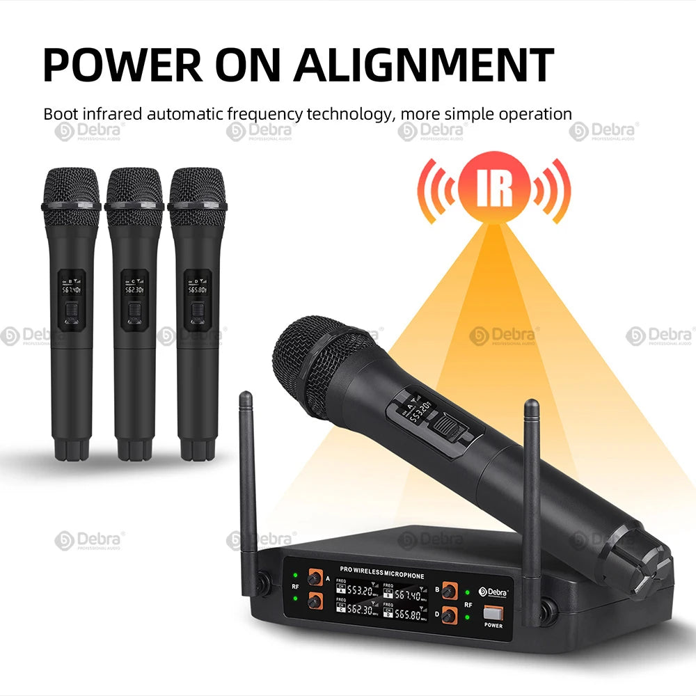 Debra KV04 4 Channel UHF Wireless Microphone System with 4 Mics, Long Range 260ft for Karaoke Party, Church, Stage Performance,