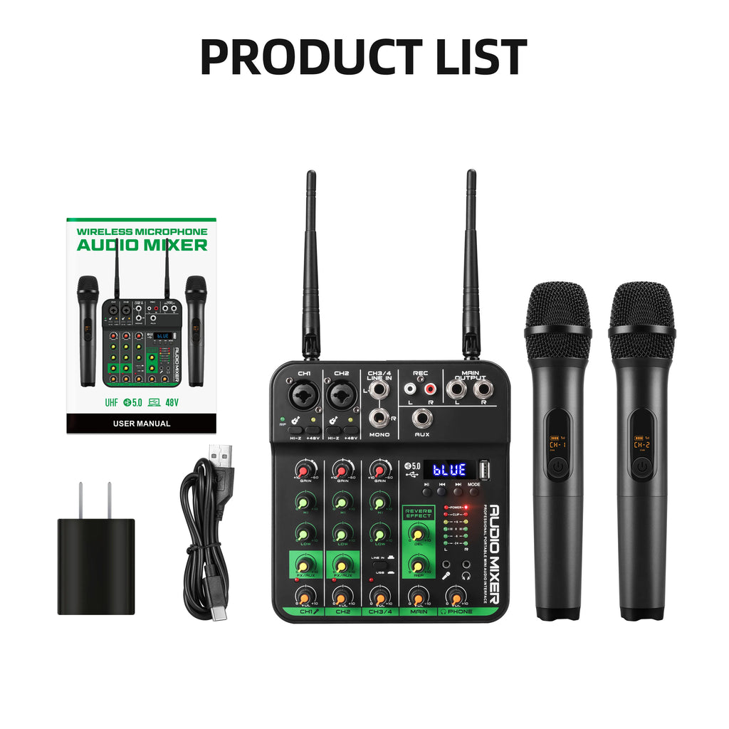 New Product Professional Portable Mini 4 Channel Karaoke Audio Mixer MC-20H with 2 UHF Wireless Microphone DJ Audio Console