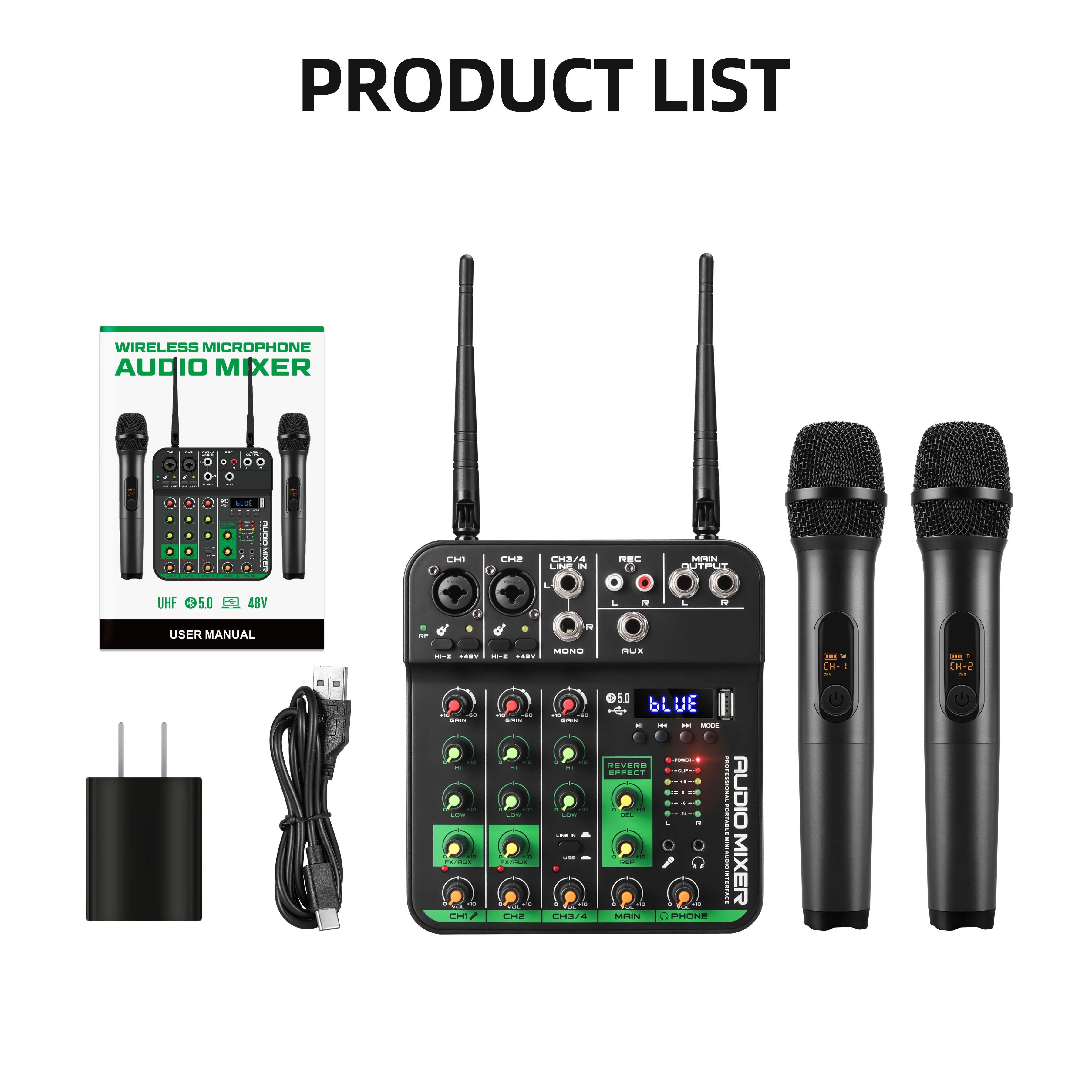 New Product Professional Portable Mini 4 Channel Karaoke Audio Mixer MC-20H with 2 UHF Wireless Microphone DJ Audio Console