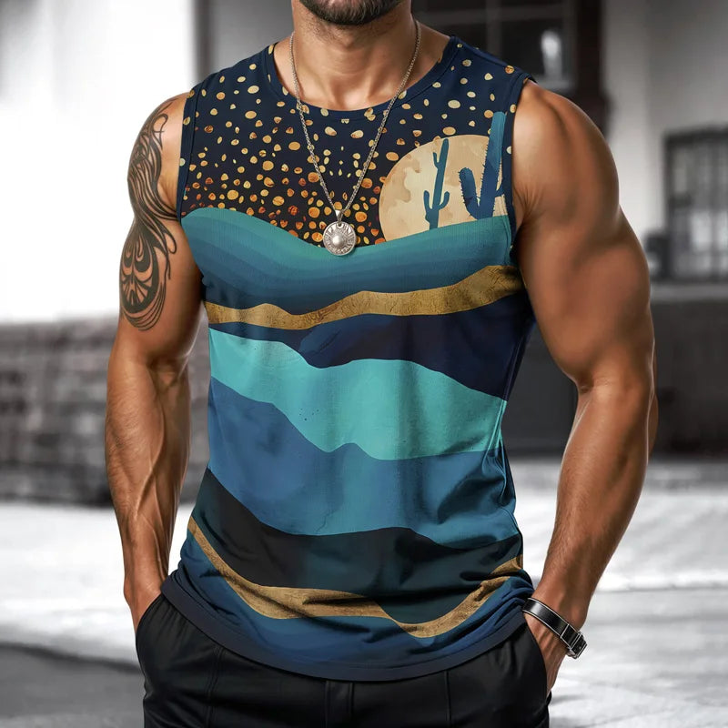 Summer 2025 Hawaii Men Vest Street Fashion Round Neck Sleeveless Printed T Shirt Coconut Tree Design Outdoor Sports Fitness