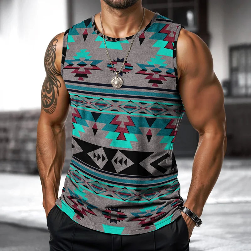 Street Fashion Indian Nationality Mens Vest Round Neck Sleeveless Printed T Shirt Daily Outdoor Sports Fitness Running Top