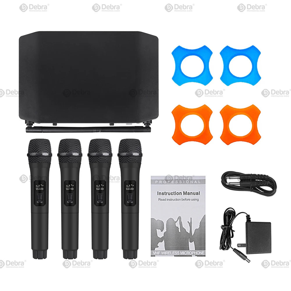Debra KV04 4 Channel UHF Wireless Microphone System with 4 Mics, Long Range 260ft for Karaoke Party, Church, Stage Performance,