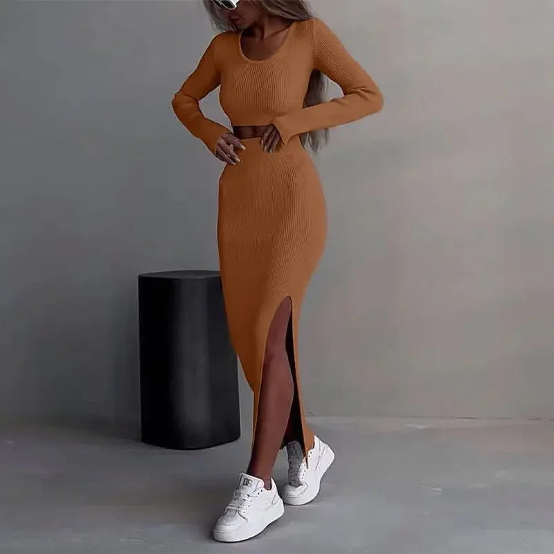 2025 Women's Solid Color Knit Long Sleeve T-Shirt Suit Autumn Half Body Side Slit Bodycon Skirt 2-Piece Fashionable Casual Wear
