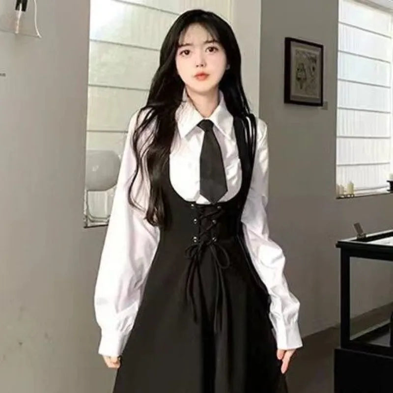 Chic Elegant Dress Sets Women Fashion All-match Solid Slim Bow Basic Shirts Ladies Sweet Waisted Sleeveless Low Cut Sundress New