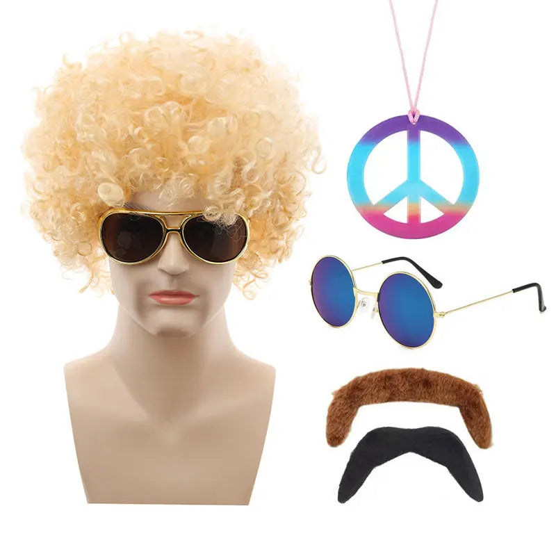 Hot Hippie Wig Halloween Cos Punk Wig Fans Afro Rock Sunglasses Set