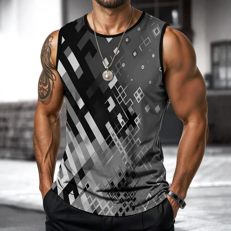 Retro Fitness Men Vest Street Fashion Round Neck Sleeveless T Shirt Printed Daily Outdoor Sports Running Top Animal Plaid