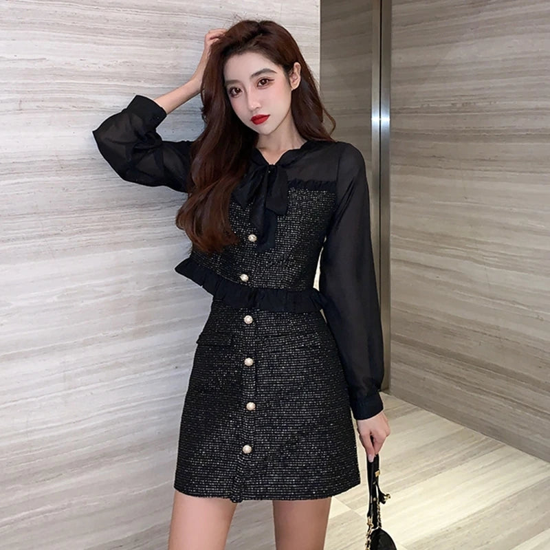 High Quality Autumn Elegant Fashion Small Fragrance 2 Piece Set Women Shirt Top + Tweed Skirt Suits Korean Sweet Two Peice Sets