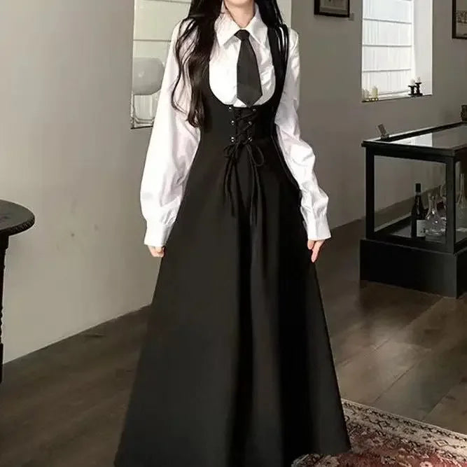 Chic Elegant Dress Sets Women Fashion All-match Solid Slim Bow Basic Shirts Ladies Sweet Waisted Sleeveless Low Cut Sundress New