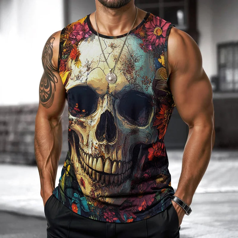 Mens Skull Vest Street Fashion Round Neck Sleeveless Printed T Shirt Daily Outdoor Sports Fitness Running Top Fear 2025 New