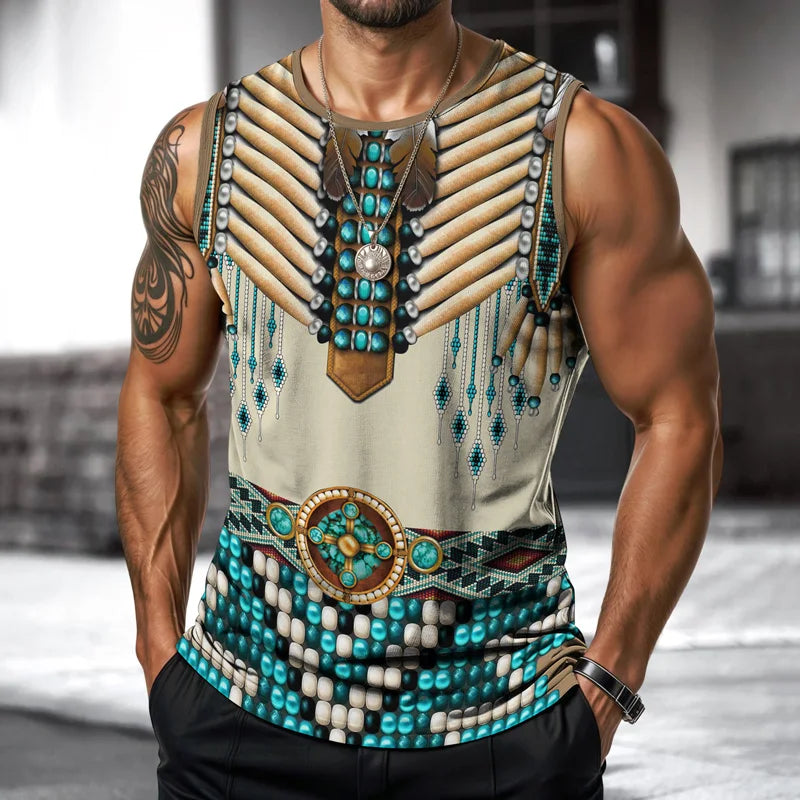Street Fashion Indian Nationality Mens Vest Round Neck Sleeveless Printed T Shirt Daily Outdoor Sports Fitness Running Top