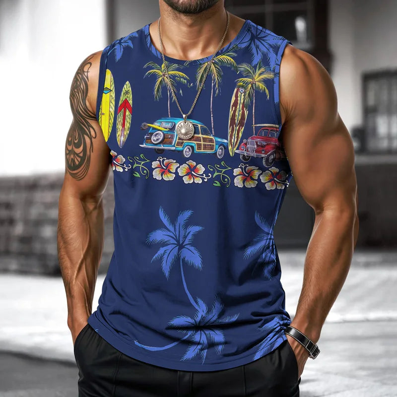 Summer 2025 Hawaii Men Vest Street Fashion Round Neck Sleeveless Printed T Shirt Coconut Tree Design Outdoor Sports Fitness