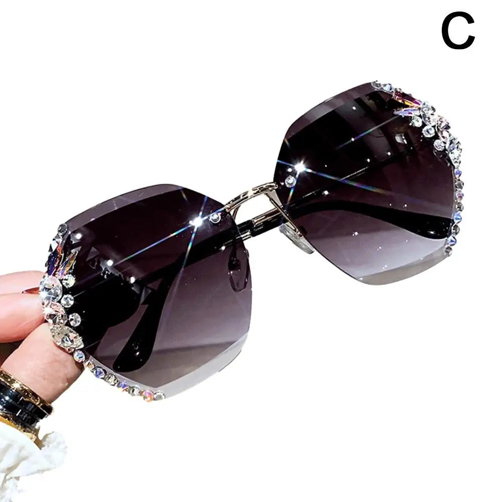 UV Protection Rimless Rhinestone Sunglasses Fashion Gradient Lens Beach Travel Streetwear Shiny Cutting Lens Frameless Eyewear