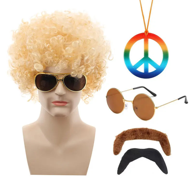 Hot Hippie Wig Halloween Cos Punk Wig Fans Afro Rock Sunglasses Set