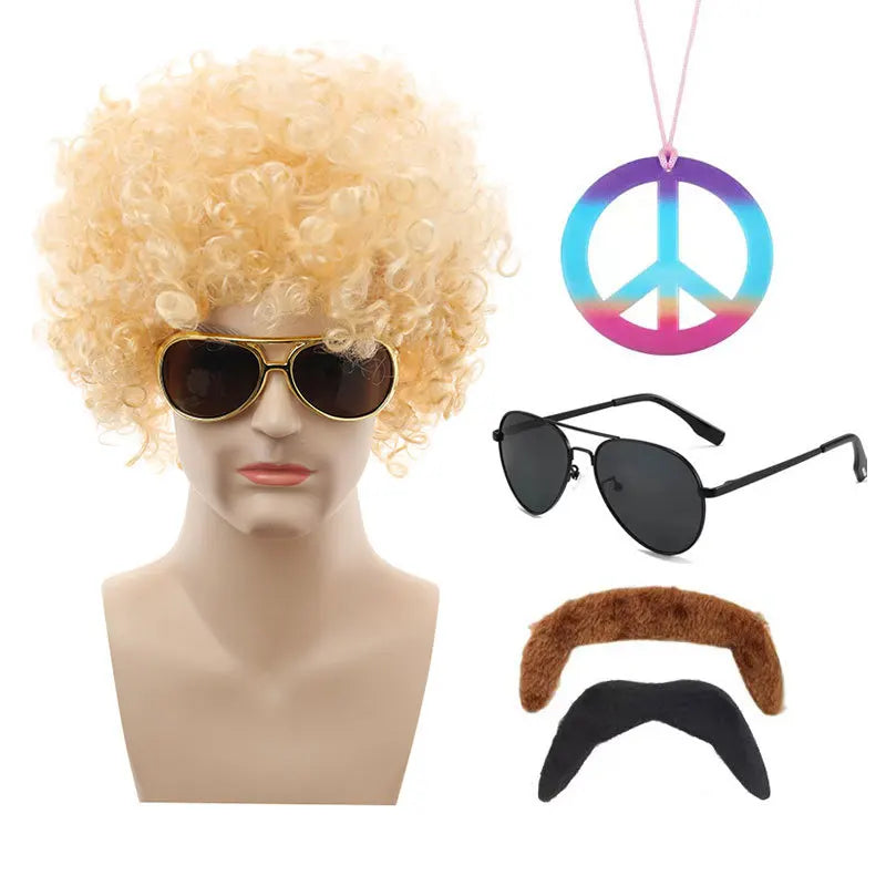 Hot Hippie Wig Halloween Cos Punk Wig Fans Afro Rock Sunglasses Set