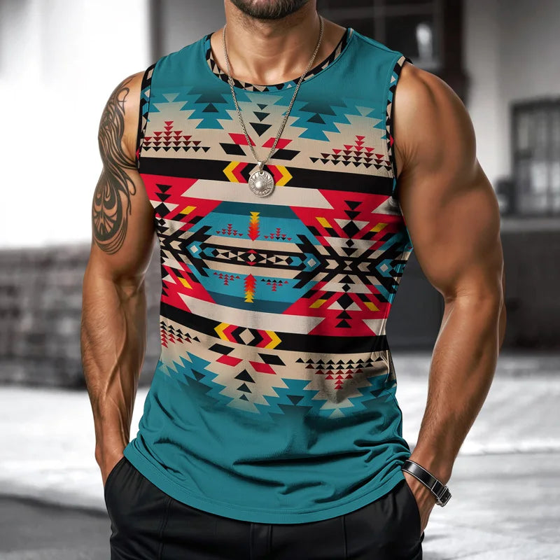 Street Fashion Indian Nationality Mens Vest Round Neck Sleeveless Printed T Shirt Daily Outdoor Sports Fitness Running Top