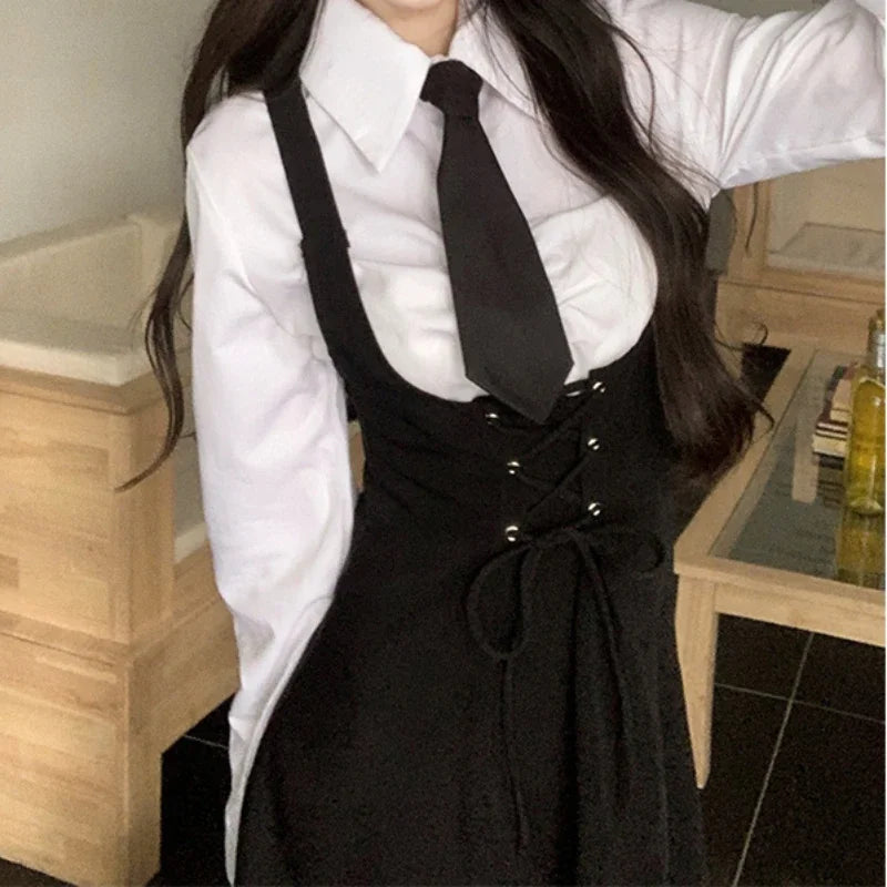 Chic Elegant Dress Sets Women Fashion All-match Solid Slim Bow Basic Shirts Ladies Sweet Waisted Sleeveless Low Cut Sundress New