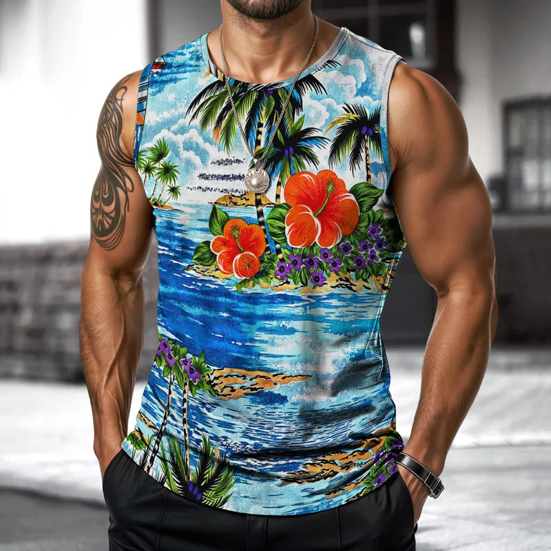 Summer 2025 Hawaii Men Vest Street Fashion Round Neck Sleeveless Printed T Shirt Coconut Tree Design Outdoor Sports Fitness