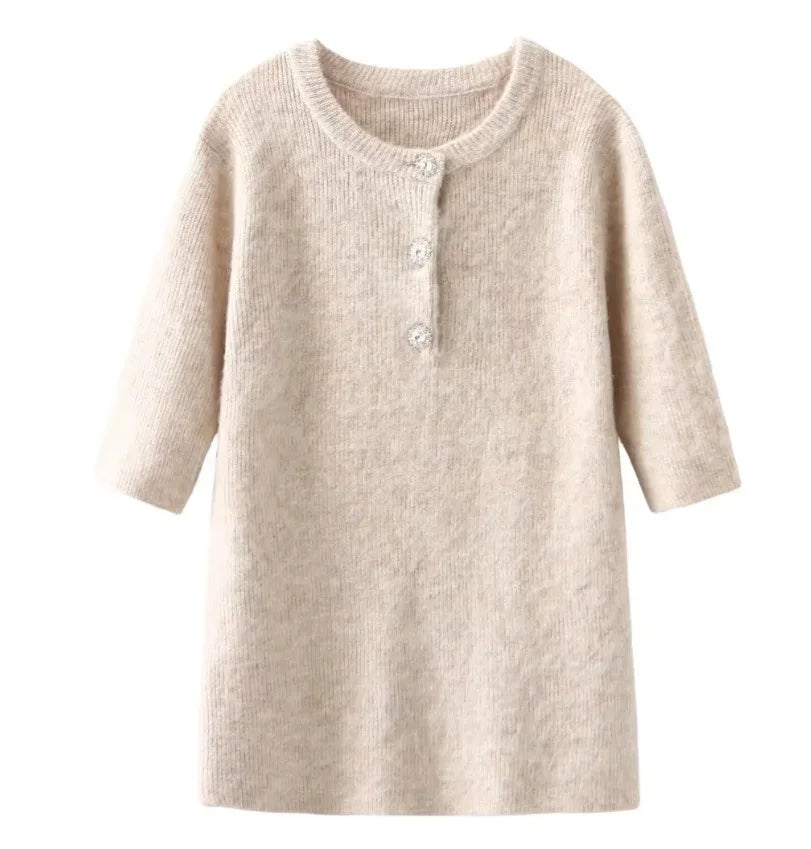 Women Wool Half Sleeve Slim Skirts Suits Fashion Button Knit Top Short Shirt Set Female Commute Casual Lady Knitted Outfits