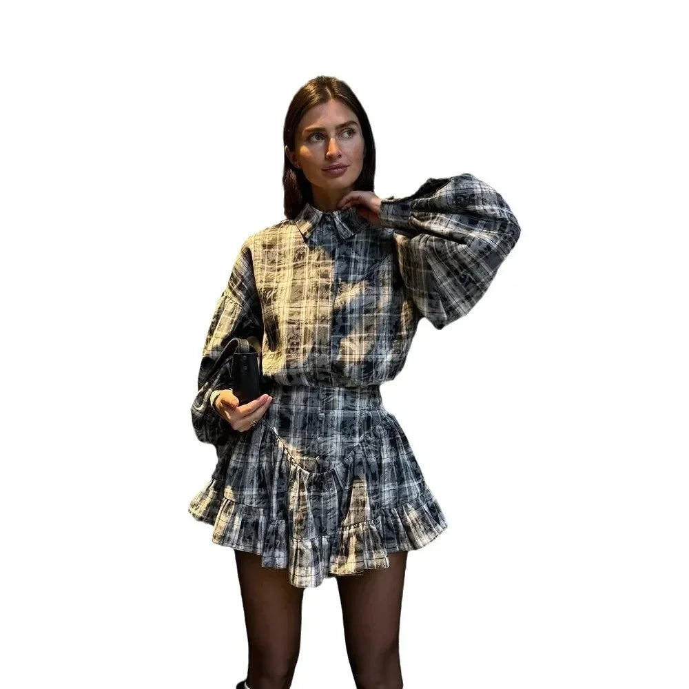 2025 New Elegantsuit Women's Clothing Set High-End Feel Spring Plaid Design Sensibility Ruffle Edge Mini Dress 2-Piece Wholesale