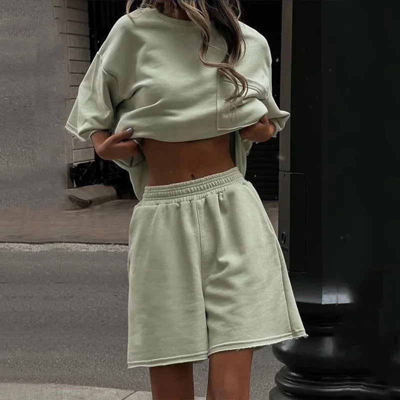 Prowow Fashion Loose Style Women Workout Sweat Suits Short-sleeved O-neck Shirts Shorts Two Piece Summer Sporty Clothing Set