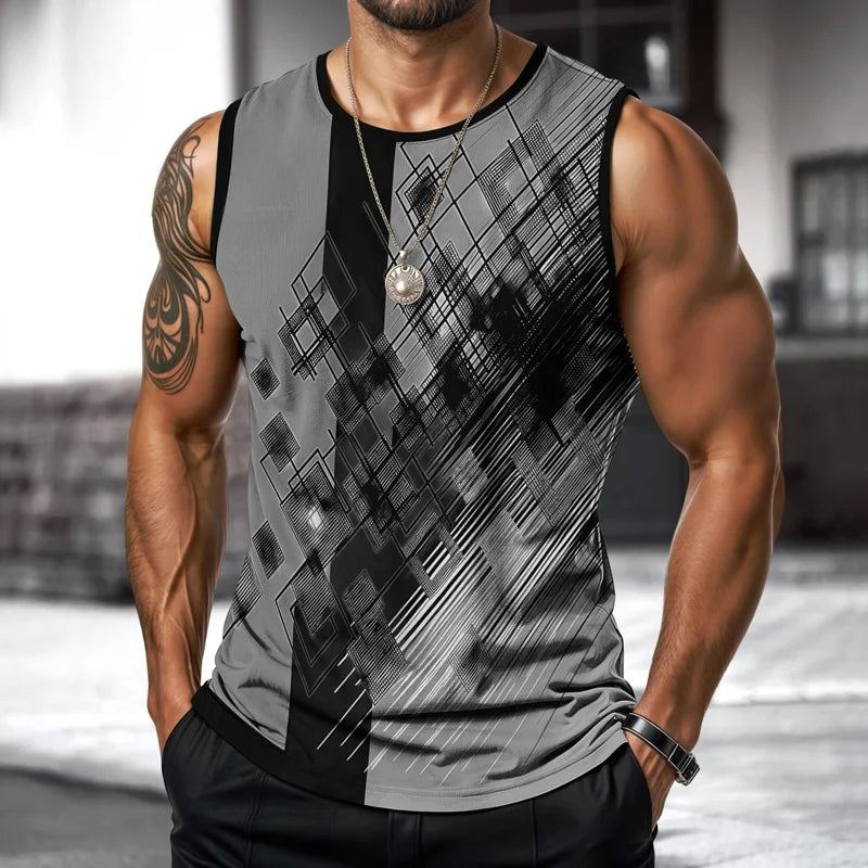 Retro Fitness Men Vest Street Fashion Round Neck Sleeveless T Shirt Printed Daily Outdoor Sports Running Top Animal Plaid