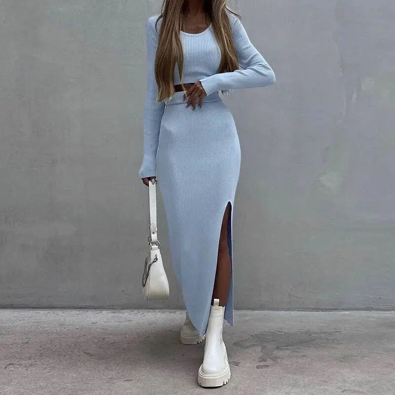 2025 Women's Solid Color Knit Long Sleeve T-Shirt Suit Autumn Half Body Side Slit Bodycon Skirt 2-Piece Fashionable Casual Wear